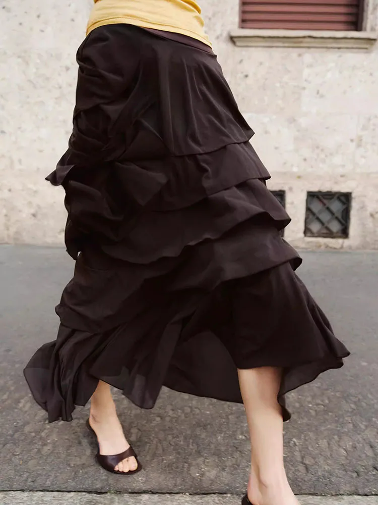 

Spring New Arrival Women's Midi Skirt Layered Decorative Elastic Waist Midi Dr Ethnic Stage Costume 8-25 Years Old