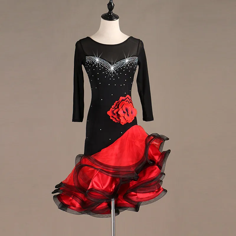 Round Neck Mesh 3/4 Sleeve Floral Rhinestone Contrast Wavy Flared Dance Dress For Latin Dance Competition Stage Performance