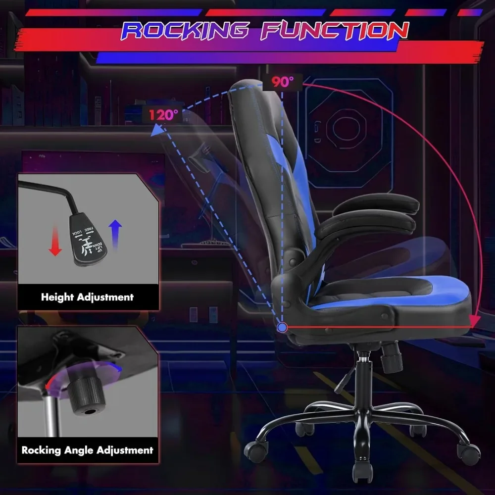 PU Leather Gaming Desk Chair, Ergonomic Office Executive, Tarefa giratória ajustável, Cadeira de corrida com braço flip-up