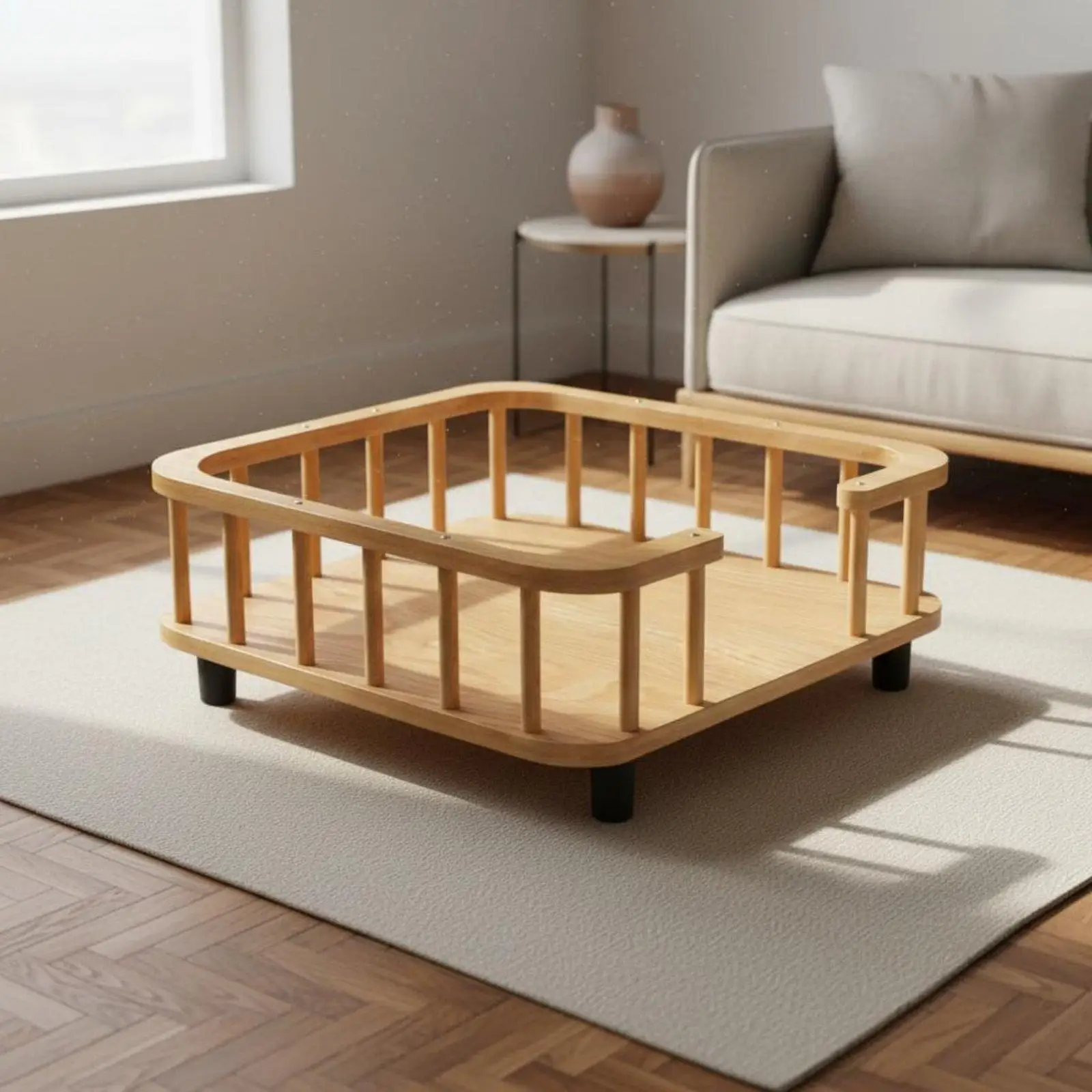 Wooden Pet Bed with Fence Elevated Design Solid Wood Pet Sofa Breathable Raised Cat and Dog Lounger for Cats, Small Dogs, Indoor