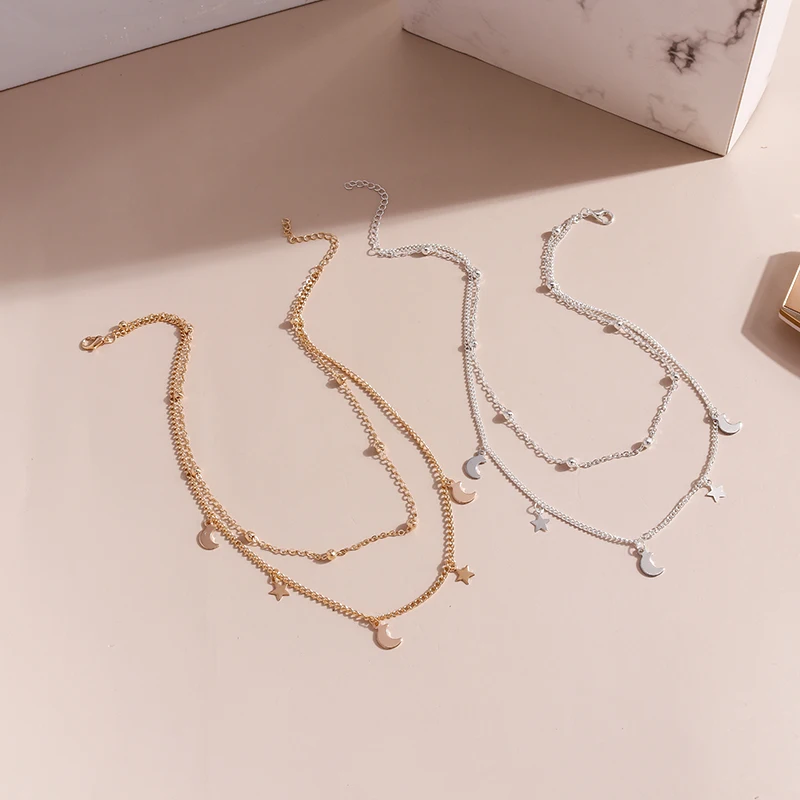 Aihua Einfache Sterne Mond Halskette Mode Doppel Schicht Frauen Schlüsselbein Minimalistischen Anhänger Halsketten Collares Schmuck Bijoux Geschenke – Detail 6