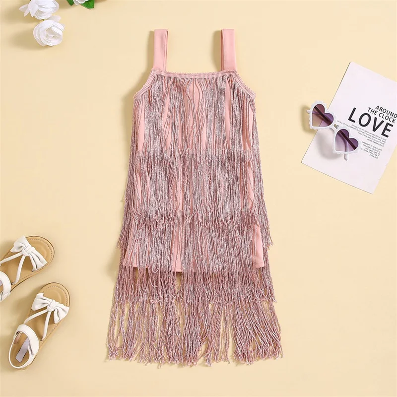 1-6years Girls Slip Dress Sleeveless Tasseled Solid Pink Green Gold Color Summer Dress For Girls Party Jazz Dance Dress