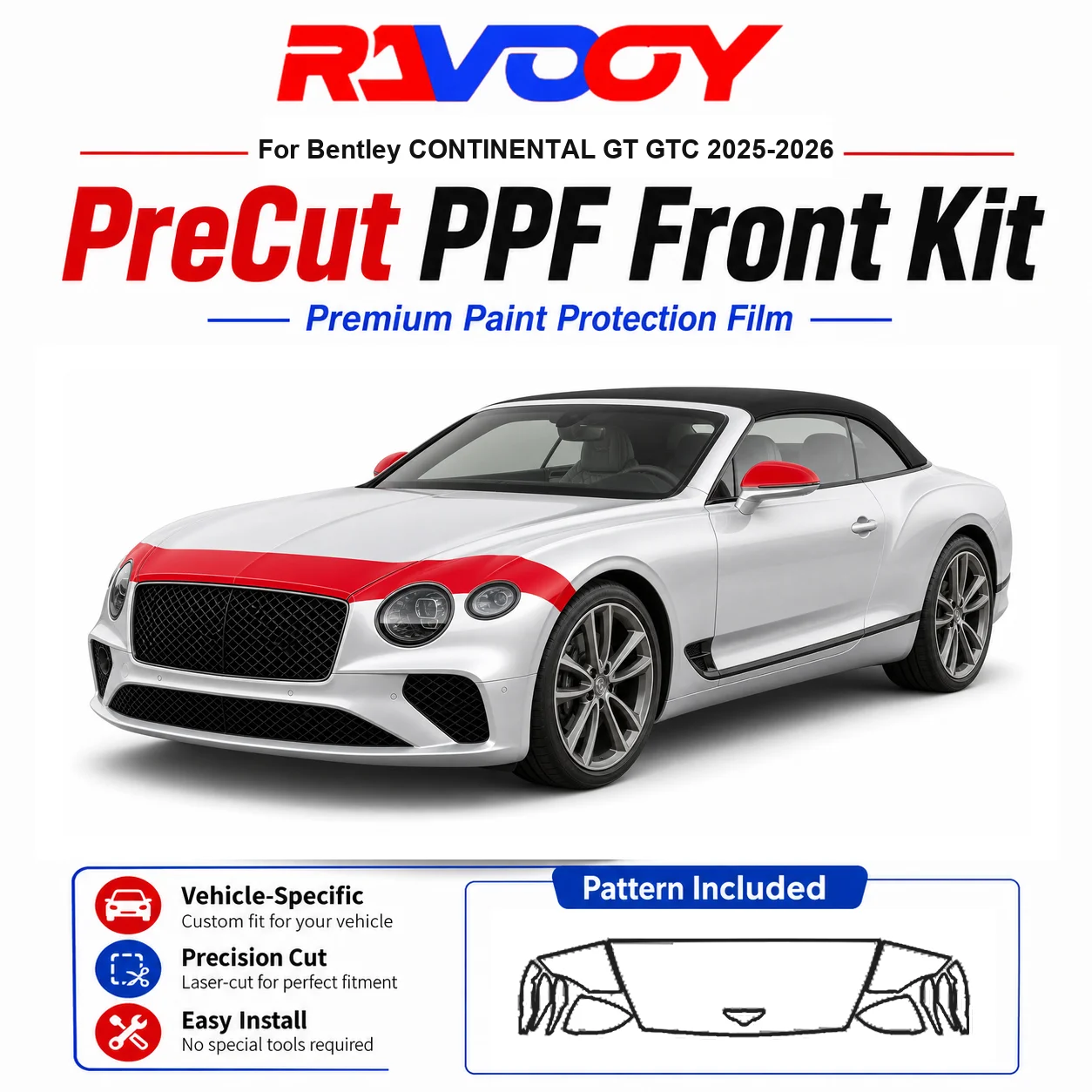 Kit de Película Protetora (PPF) Pré-Cortada de TPU 8.5mil para Bentley CONTINENTAL GT GTC 2025-2026 - Conjunto para Capô, Para-lamas e Espelhos - Película Transparente Autorregenerativa