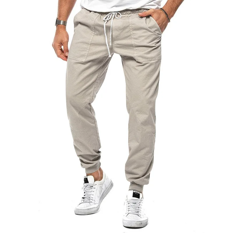 Calça casual masculina de cor sólida, calça com cordão, vários bolsos, nova para primavera e outono