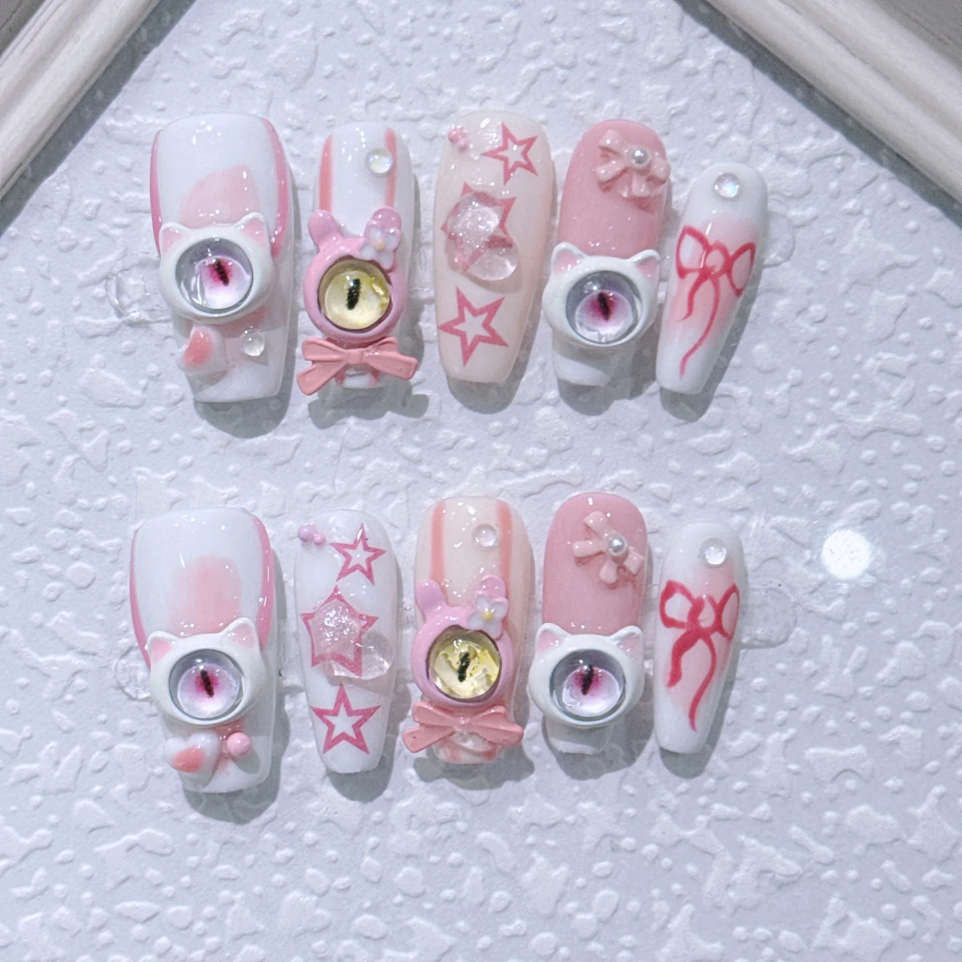 

10PCS Sweet Cool Medium Coffin Handmade Press on Nails 3D Monster Eyes Pink Blush French False Nails with Star Bow Fake Nail Art