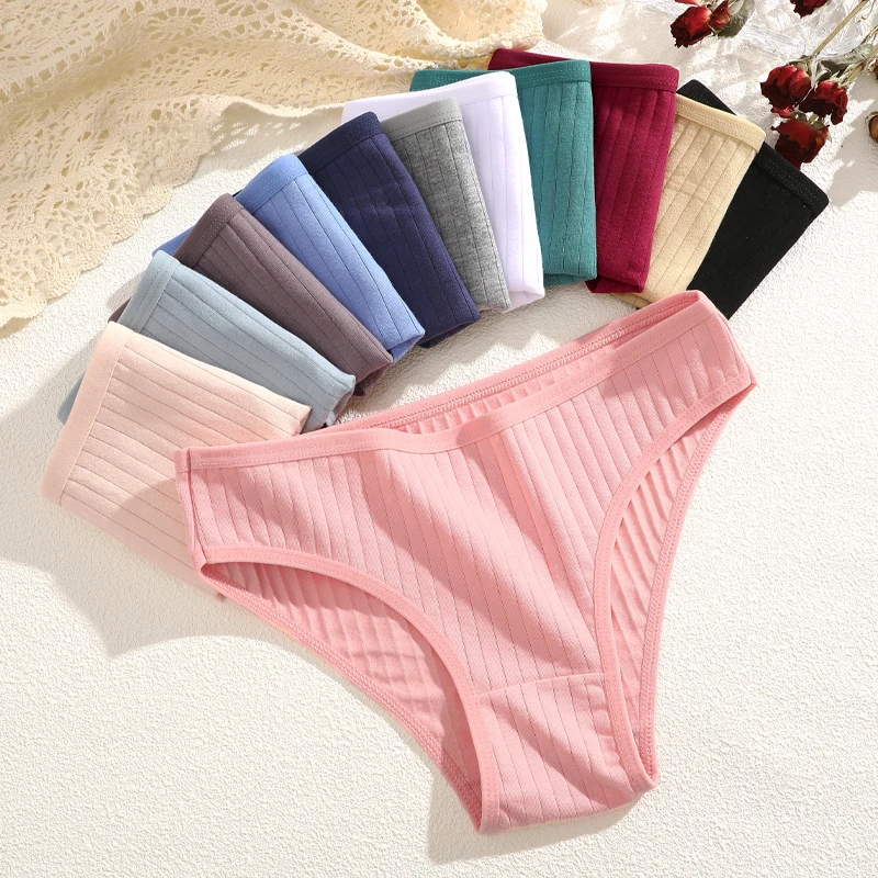 FINETOO 12pcs Cotton Women's Lingerie M-XL Striped Solid Panties Sexy Breathable Low-Waist Briefs Female Comfortable Underpants