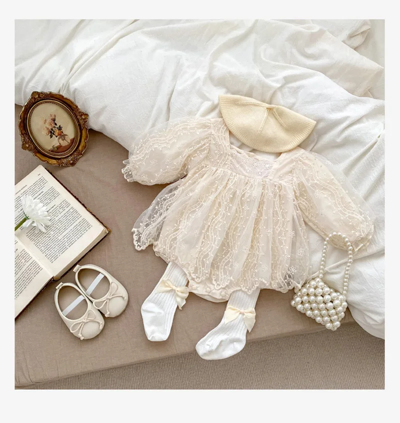 Baby Mädchen Body Herbst Prinzessin Spitze Mesh Kleinkind Strampler Kleid Einfarbig Baumwolle Säuglingskleidung Einteiler für 3M-2Y – Detail 2