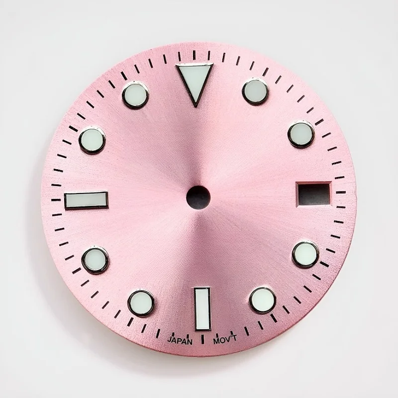 

28.5mm Nh35 Sunburst Dial Pink Silver Studs Green Luminous Suitable for NH35/NH36/4R/6R/7S Movement Watch Accessories