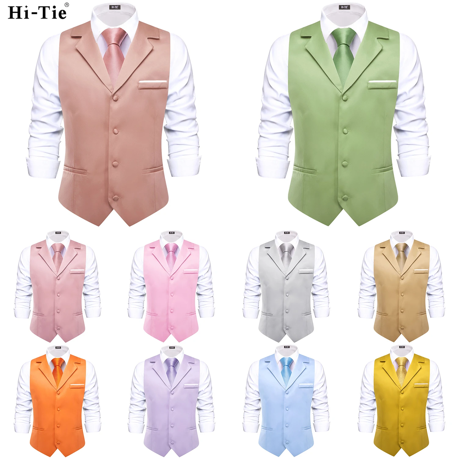 Hi-Tie Dusty Pink Solid V-neck Men Vest With Tie Jacquard Tuxedo Dress Waistcoat Adjustable Jacket Casual Business Party Fashion