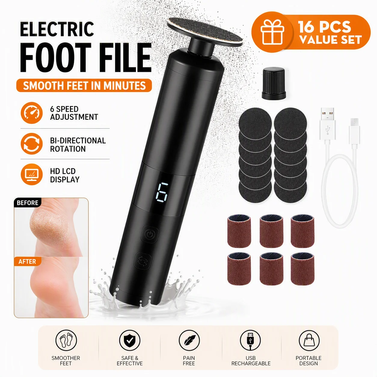 Electric Callus Remover, 6 Speeds Foot File LCD Display USB-C Rechargeable Pedicure Kit for Dead Hard Skin Heel Nail Care Home