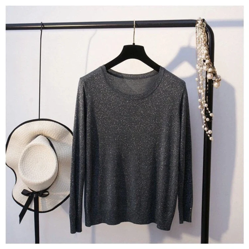 

Новые повседневные женские свитера с длинным рукавом из однотонного яркого шелка, универсальные винтажные пуловеры для весны и осени, модные топы