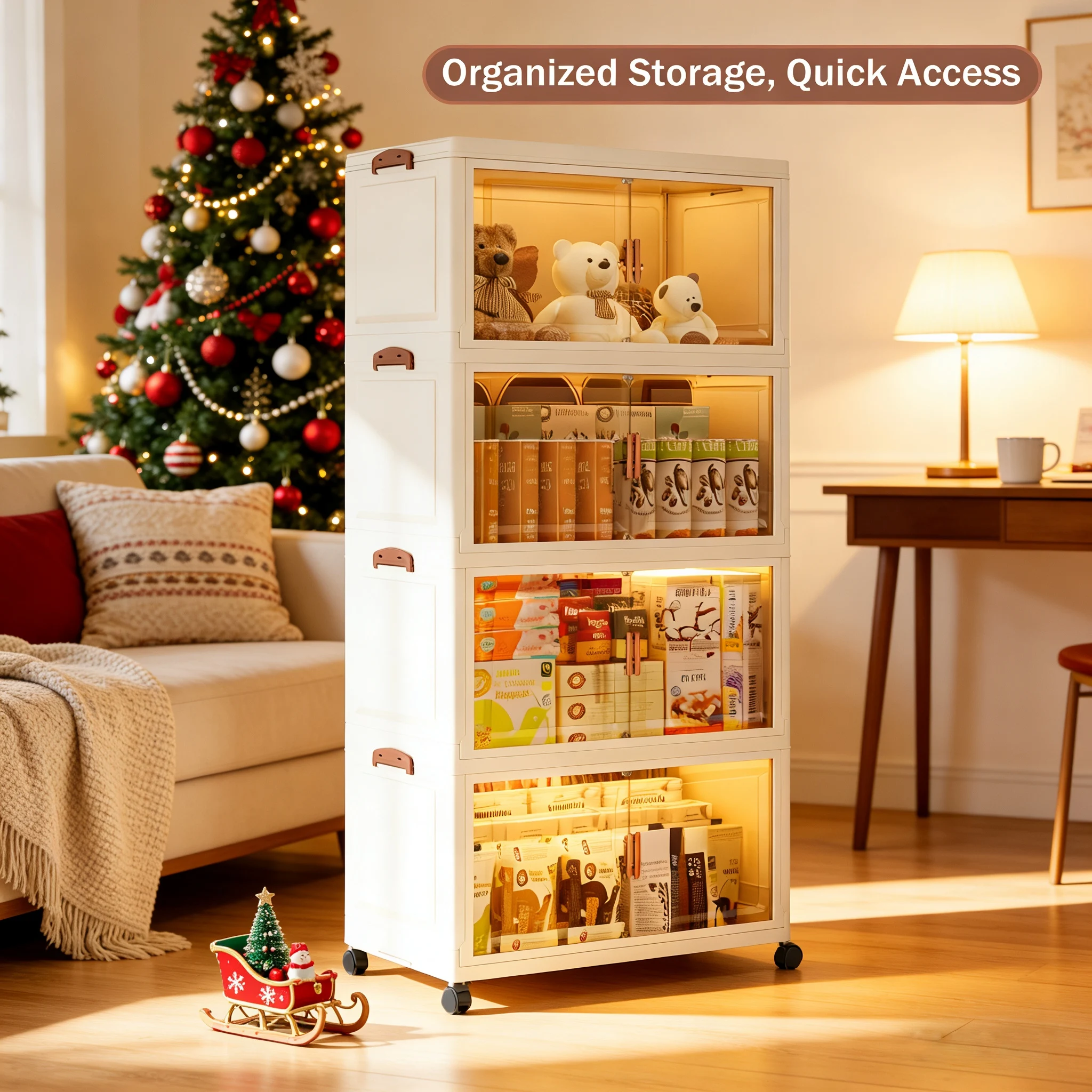 

Многослойный прозрачный контейнер для хранения с дверцей - Легкосборный штабелируемый органайзер на колесиках, подходит для спальни и гардероба