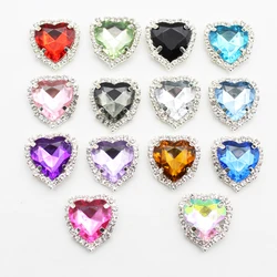 10pcs 20mm With 4 Holes Silver Metal Heart Acrylic Rhinestone Jjewelry Diy Headwear Clothing Flat Bottom Decoration Accessories