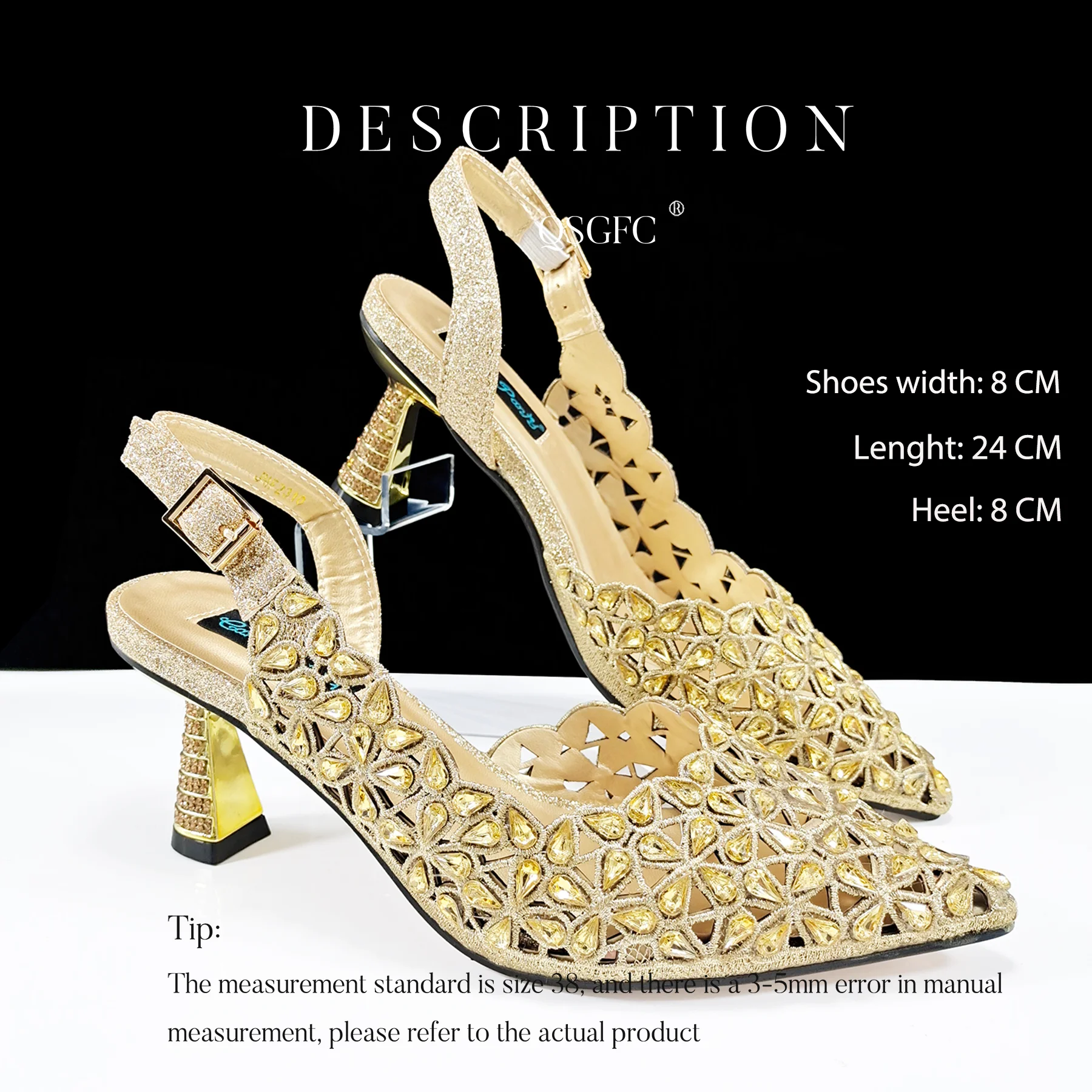 Rhinestone Embed Design Party Wedding Gold Color Pointed Toe High Heel Lady Shoes and Heart Shape Mini Bag