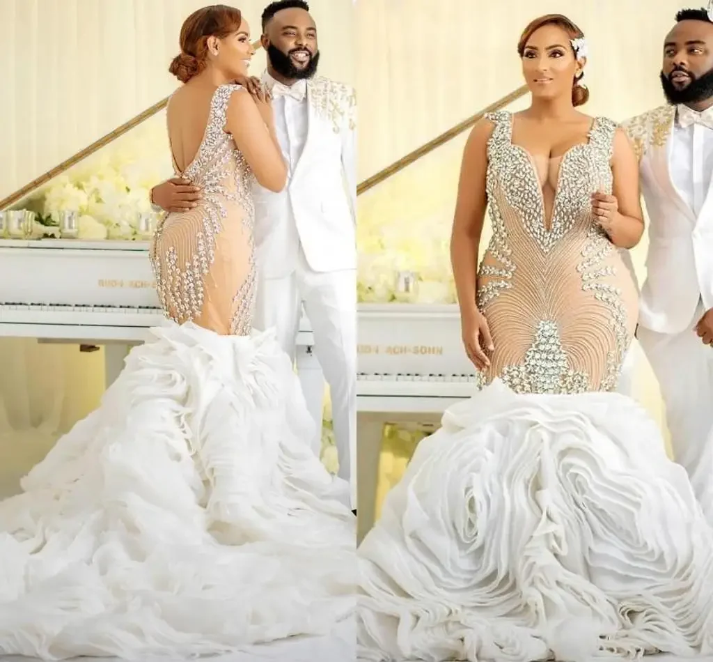 

Customized Champagne Mermaid African Wedding Dresses Luxury Crystal Beaded Cascading Ruffles Trumpet Plus Bridal Gowns