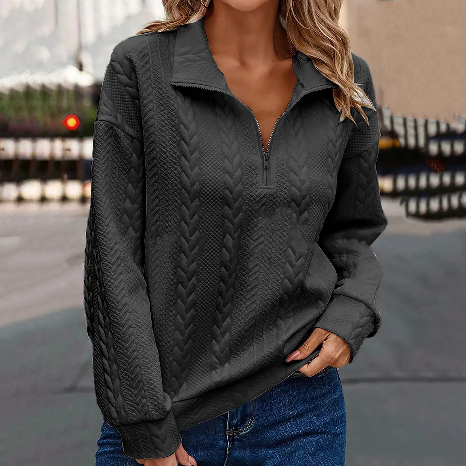 Women Knitted Sweater Elegant Pullover Winter Half Open Zipper Lapel Casual Long Sleeve Crochet Jacquard Basic Shirt Hoodie