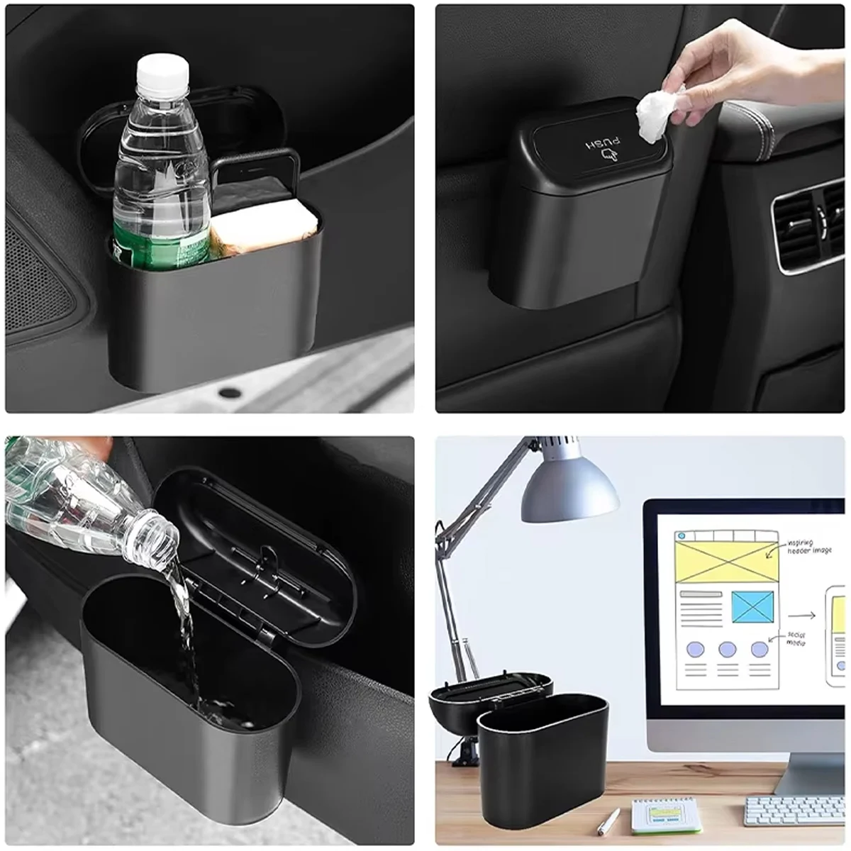 1L Car Interior Storage Box Trash Can with 4 Rolls (60pcs) Trash Bags ABS Mini Trash Can with Lid with Trash Bag Car Storage Bin