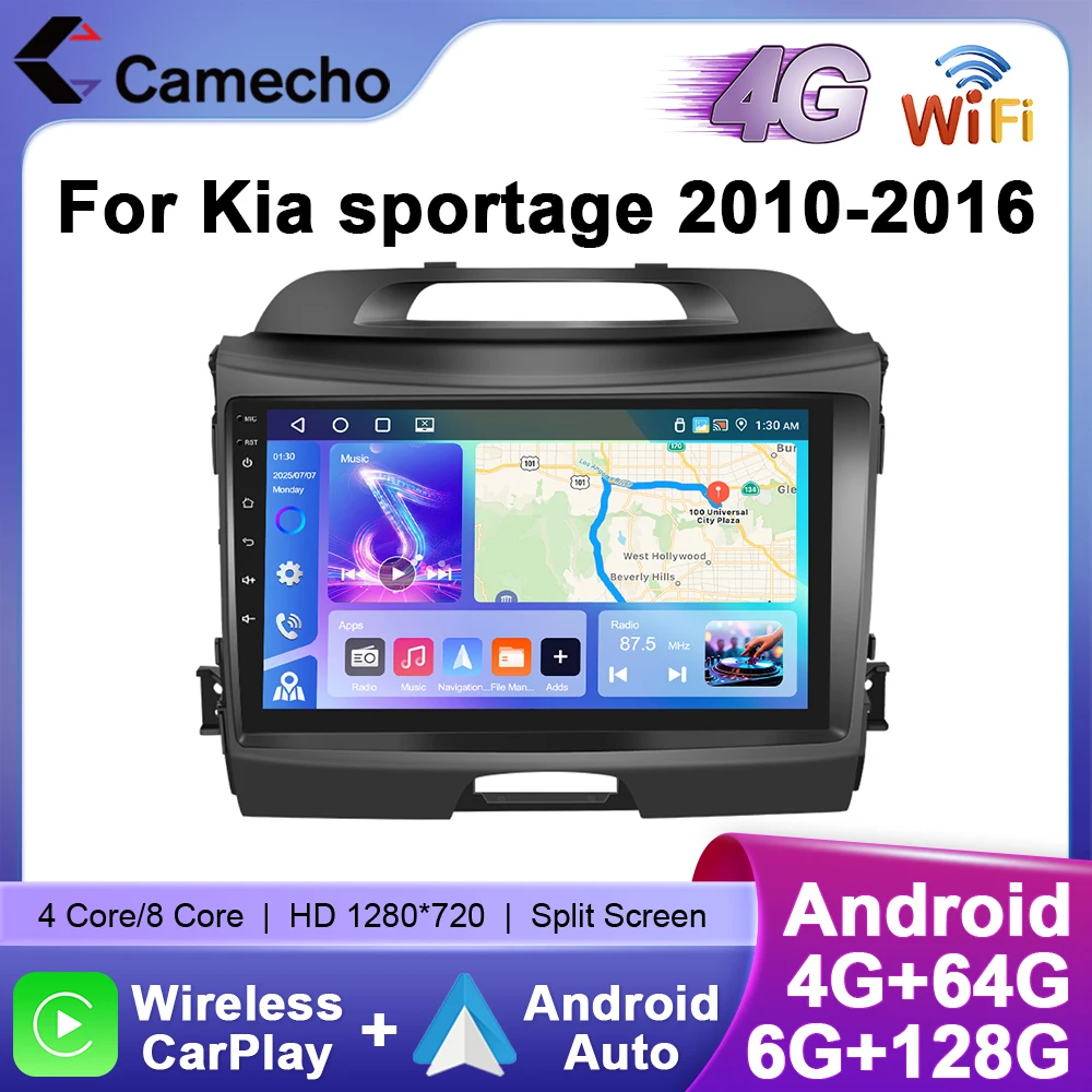 Camecho Wireless Carplay Android Auto Radio per Kia Sportage 2010-2016 Lettore multimediale per auto 6 + 128G 4G WIFI RDS Car GPS Stereo
