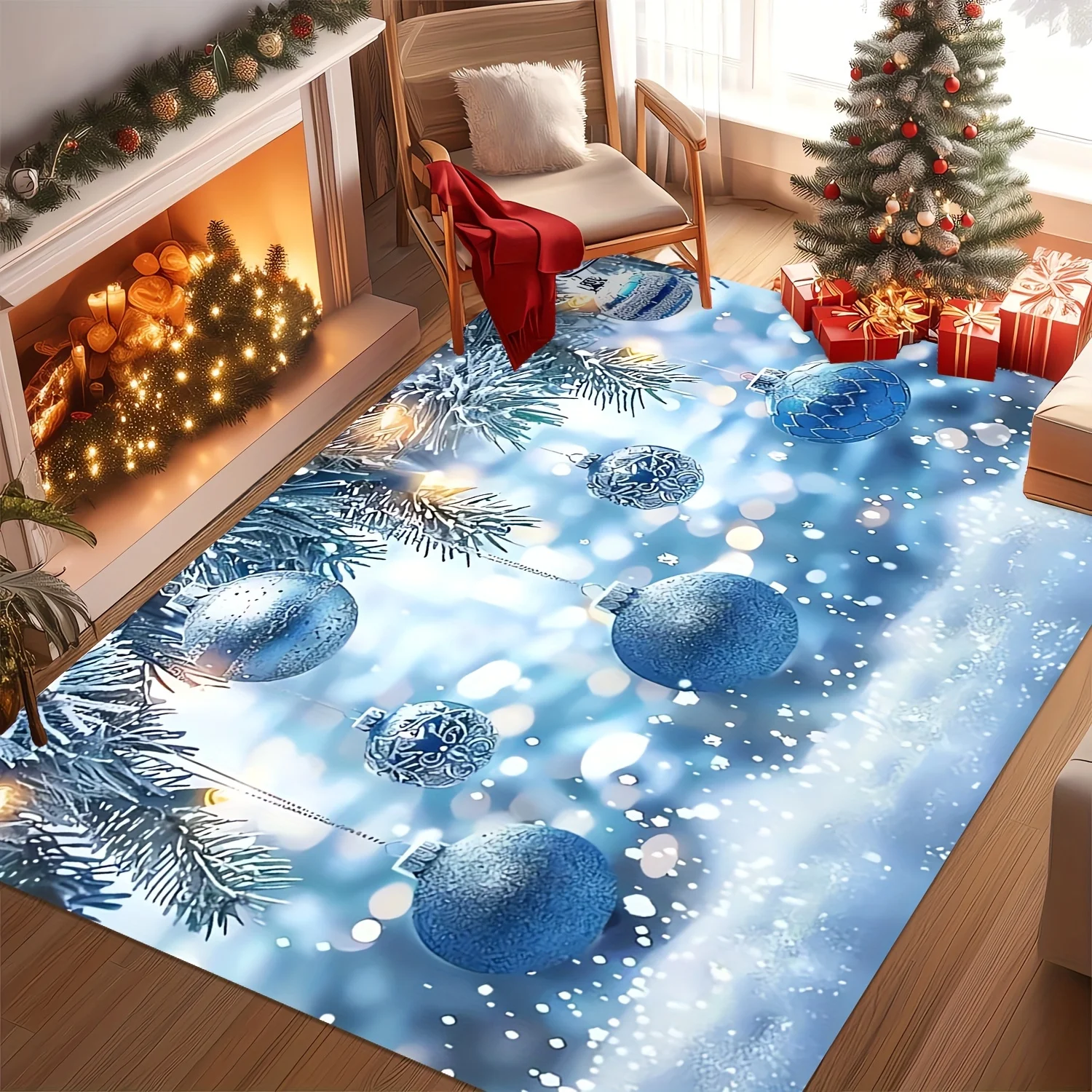 

Рождественский синий дизайнерский коврик с колокольчиками и снежинками, для гостиной, прихожей, игровой комнаты, кабинета, спальни, рождественских украшений