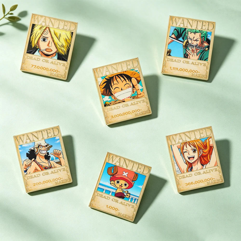 6PCS One Piece Anime Wanted Poster Brooches, Straw Hat Pirates Luffy Zoro Enamel Pin Set, Decorative Metal Badges for Backpack