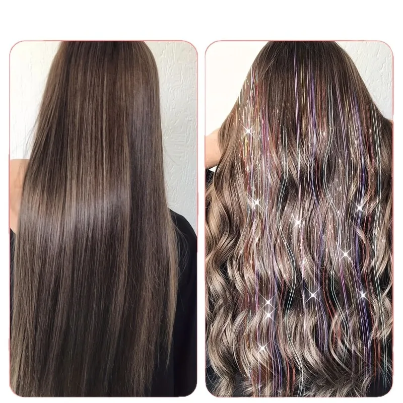 Extensiones de cabello con oropel dorado láser más vendidas, 12 piezas de cabello de arcoíris en caja de colores, peinado de fiesta brillante, accesorios para el cabello