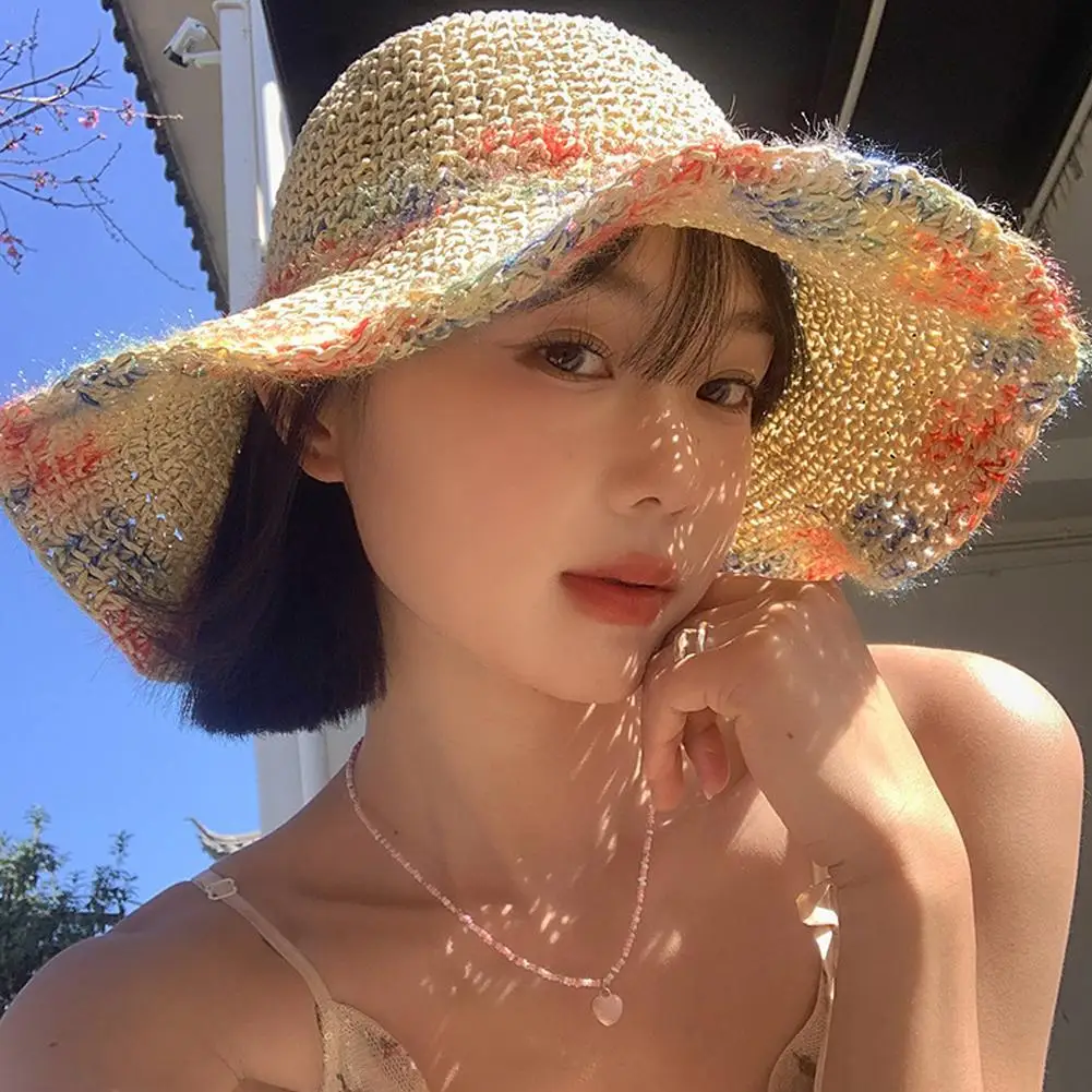 Summer Colorful Woven Straw Sun Hat Women Panama Hat Big Brim Beach Hat Summer Hat Sunscreen Sunshade Cap