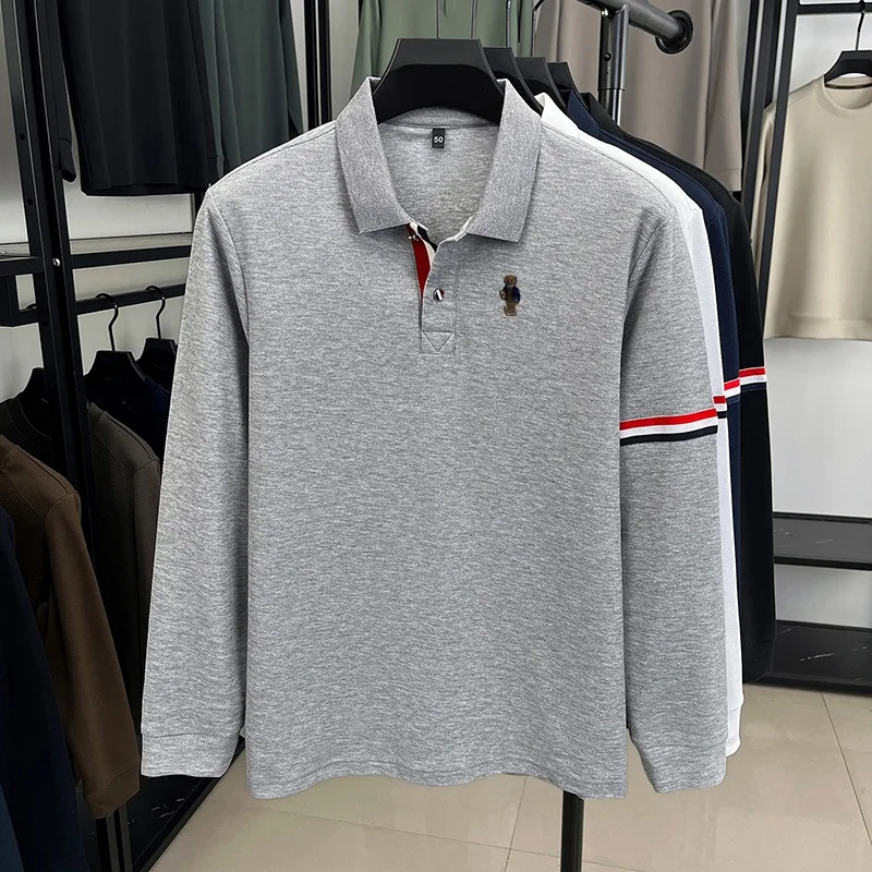 New Fashionable Men's Embroidered 100% Cotton Polo Shirt Autumn Skin Friendly Long Sleeve T-shirt Commuting Versatile Men's Wear