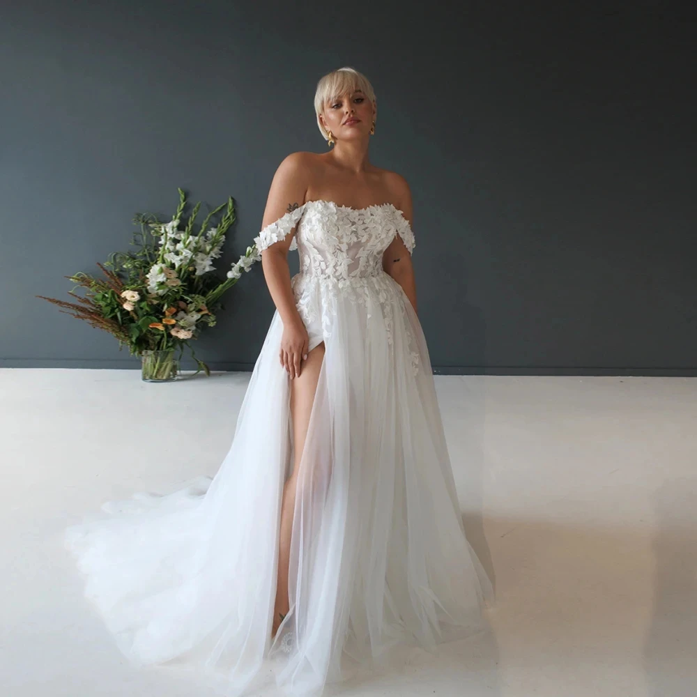 

Plus Size Wedding Dresses Sleeveless Off Shoulder Soft Tulle Bride Gown Strapless Ivory Exquisite Vestidos De Novia New