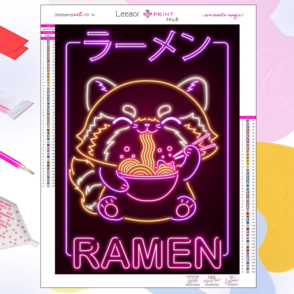 Japanese Retro Diamond Painting Neon Colorful Cat Eating Ramen Rhinestone Cross Stitch Kit Art Mosaic Embroidery Home Decoration