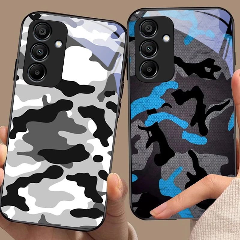 Camouflage Blue For Samsung Galaxy A15 5G 54 4G 51 50 24 35 90 71 12 51 53 52S 80 22 34 Black tempered glass phone case