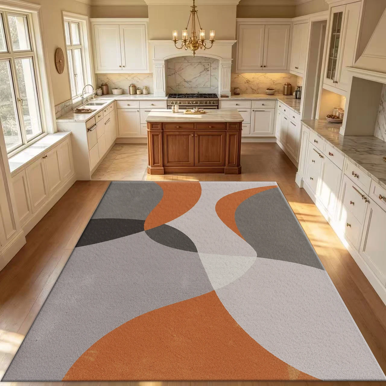 Medieval-Style Abstract Curved Carpet, in Orange-Gray Neutral Tones, Suitable for Living Room, Office, and Home Floor Decoration