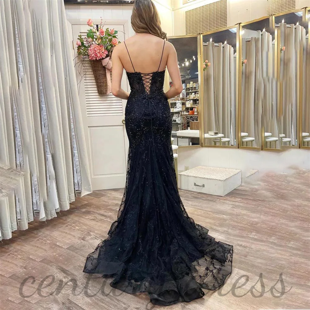 Customized V-neck Mermaid Evening Dress Sequins Charming  Prom Dresses Spaghetti Strap Lace Applique Party Gown  вечернее платье image 2