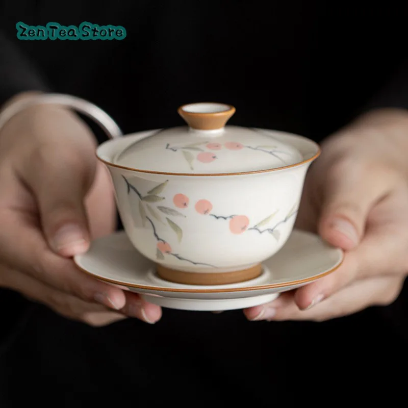 Hand-painted Three Cover Bowl Retro Underglaze Color Persimmon Tea Infuser Household Anti-hot High-grade Ceramic Tea Bowl