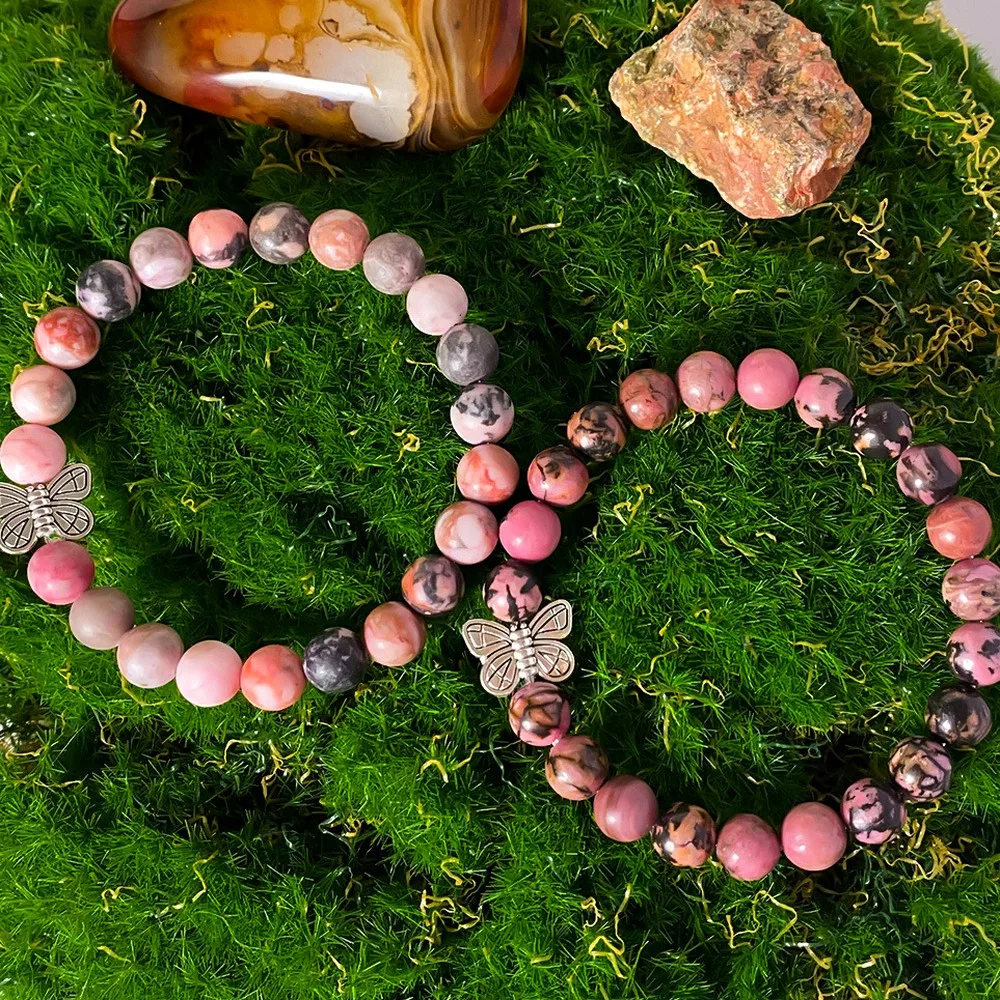 Elegant Natural Stone Pink Zebra Rhodonite Beaded Butterfly Bracelet For Women Handmade Vintage Jewelry Gift