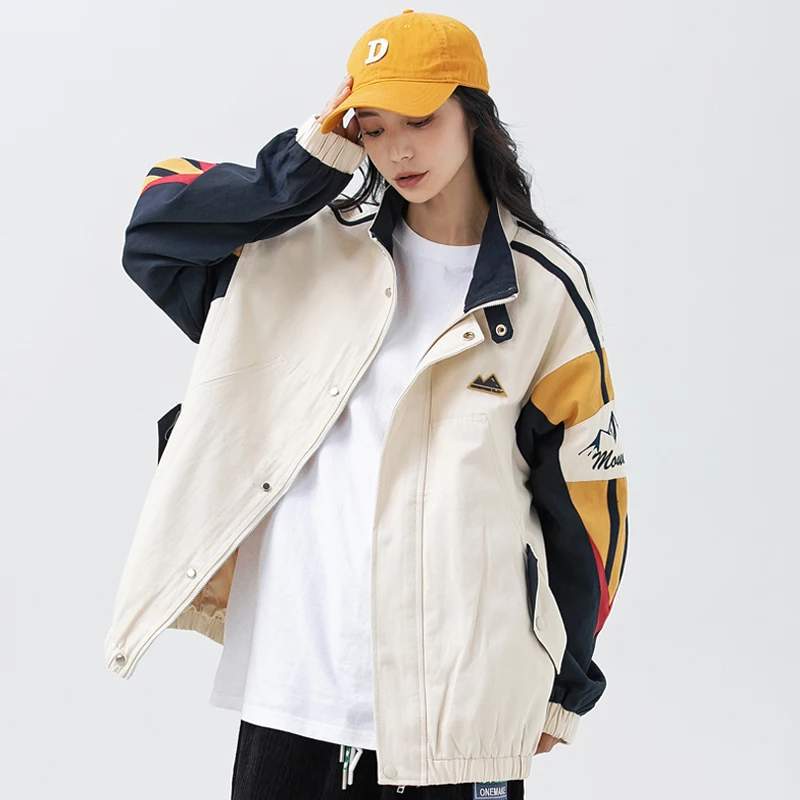 New American Stand Collar Coat Men‘sAutumn Harajuku Colorful Punching Jacket Unisex Loose Patchwork Baseball Uniform Streetwear