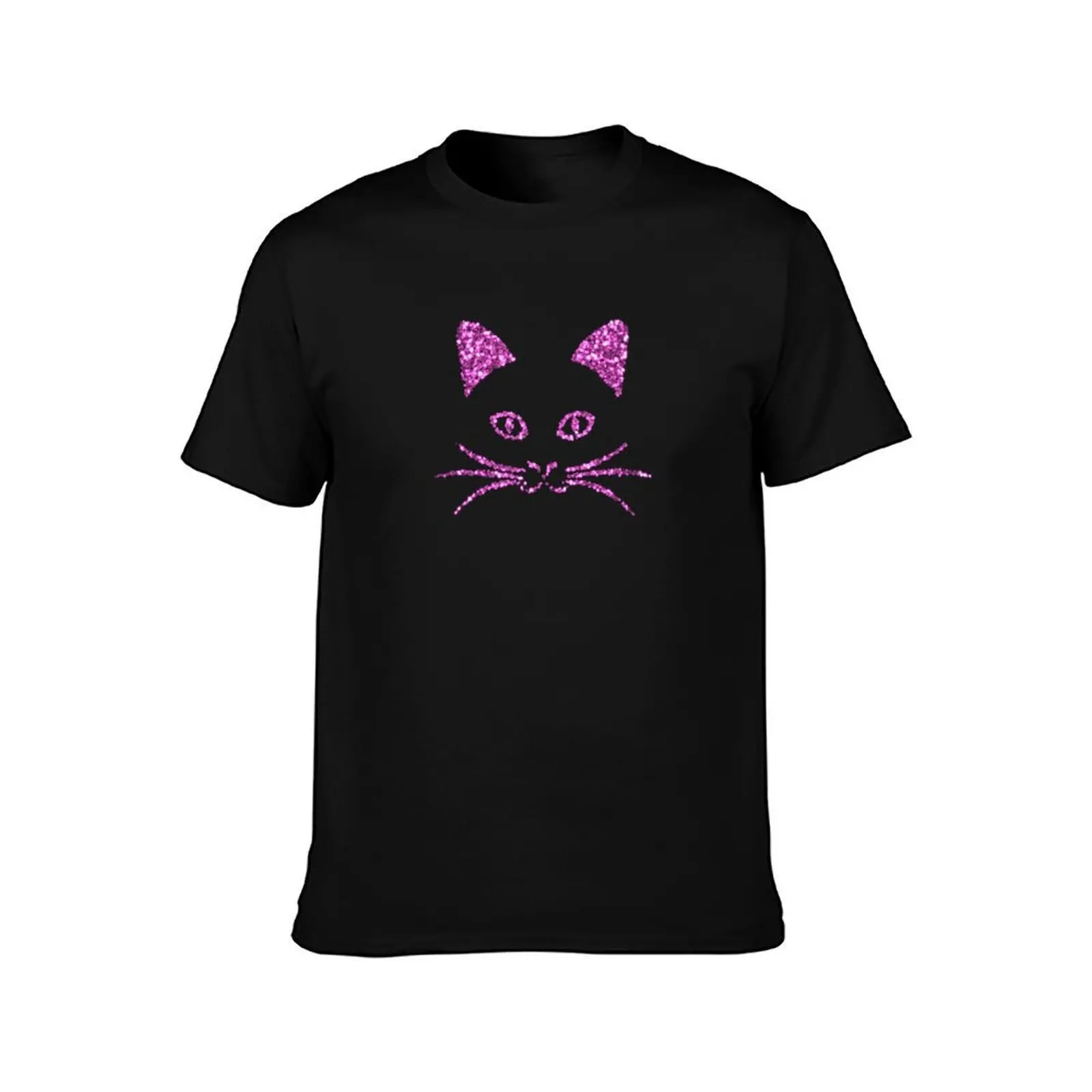 Cute Cat Face Pink Glitter T-Shirt Basic Plain Short Sleeve Crew Neck Tee T-Shirt