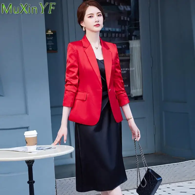 

Workwear Female 2022 Spring Autumn Women High-End Satin Camisole Dress Blazers Two Pieces Set Office Lady Red Suit Coat Jacket