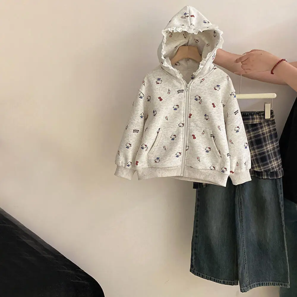 

Sanrio Hello Kitty Girls' New Autumn Korean Clothing Children Cartoon Full Print Hoodie and Loose Straight-Leg Jeans Versatile