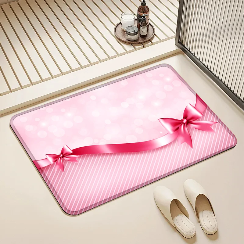 

Pink Ribbon Bow Door Mat Non-Slip Washable Floor Rug for Home Bathroom Kitchen Decor