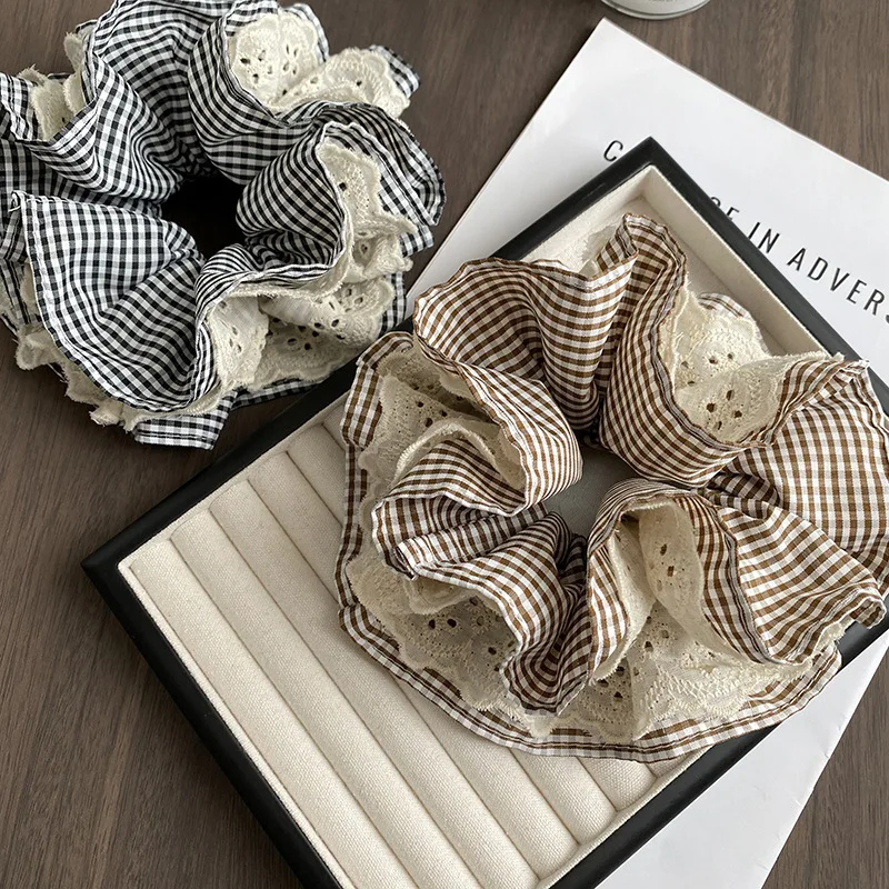 French Romantic Lace Scrunchie Four Layer Large Hollow Design Hair Ties for Women Bun Ponytail Holder Fairy Style