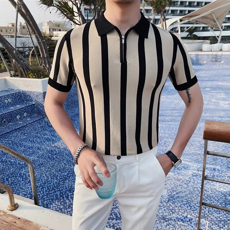 Summer Half-Zip Striped Ice Silk Short Sleeve Knit Polo Shirt Men's Business Casual Top