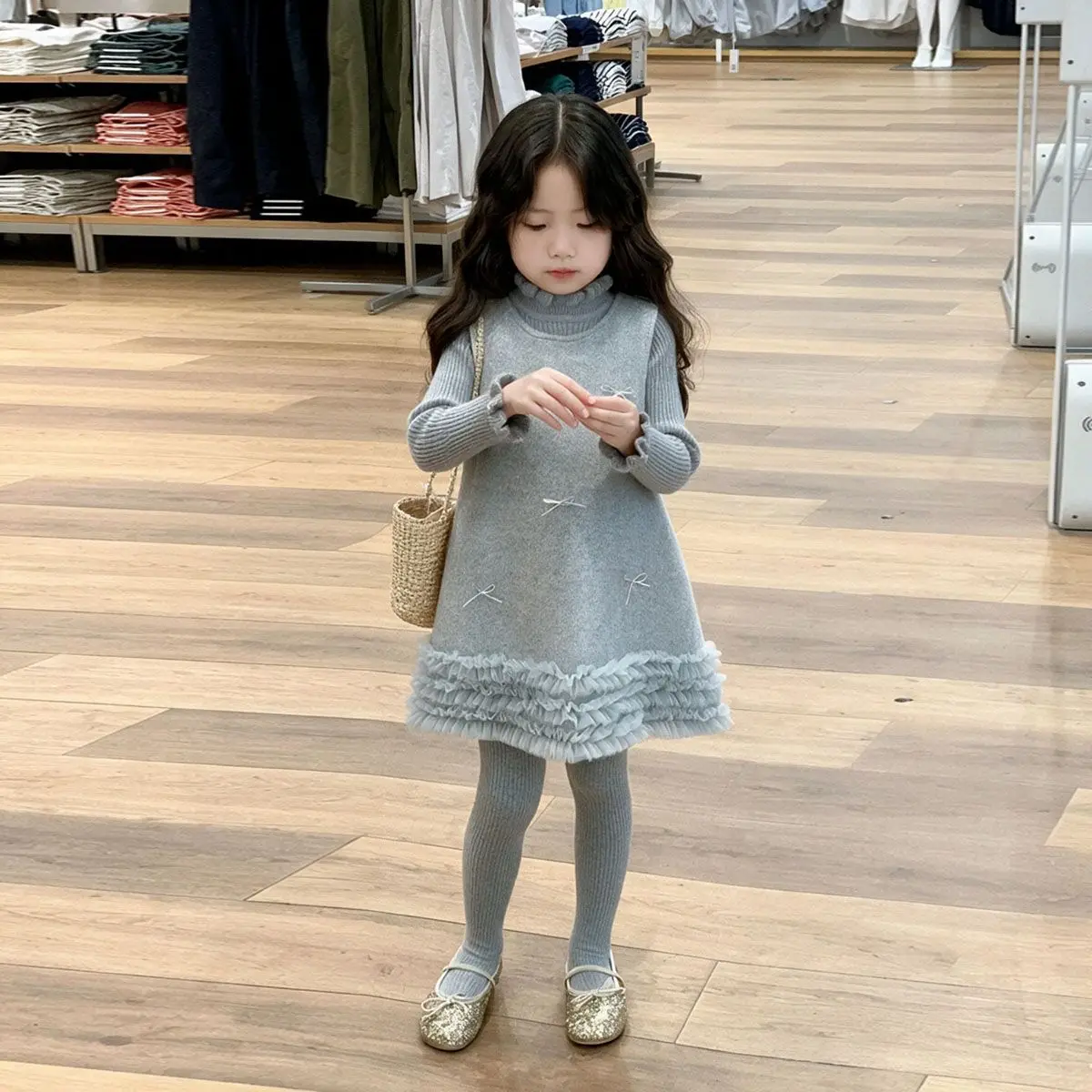 Girls' Dress Autumn/Winter New Children's Grey Bow Mesh Splicing Princess Skirt+Knitted Sweater 2-piece Set