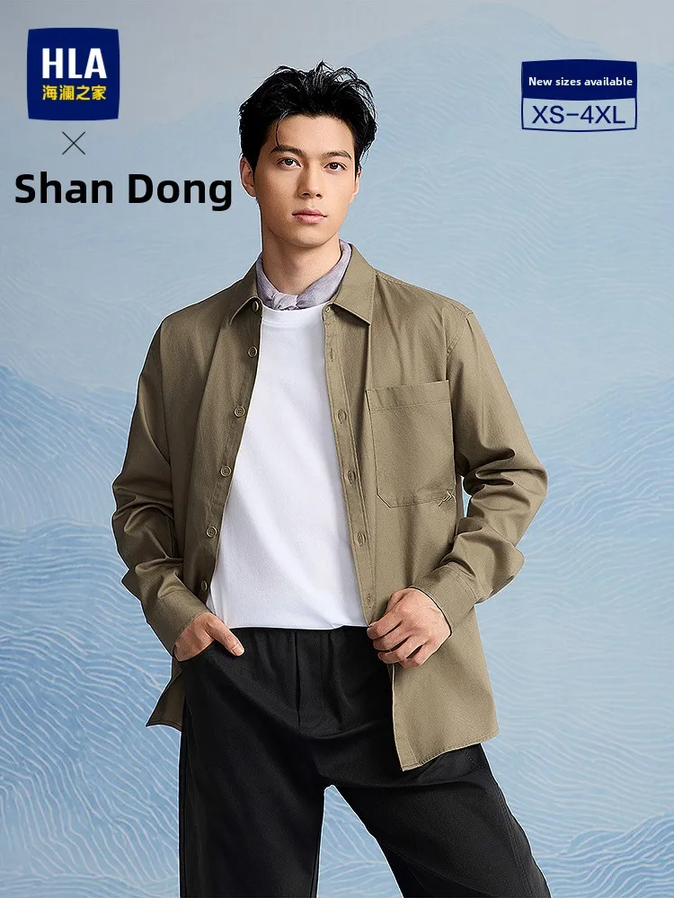 Fashionable Long Sleeve Shirt Casual Embroidered Pocket Men's Shirt HLA Sea-Land Home New Autumn Outerwear Standard Fit Cotton