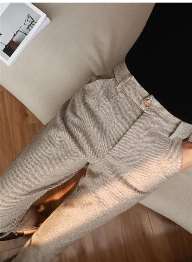 Wool Woolen Harem Trousers Women's Autumn and Winter New High Waist Slimming Ankle-Tied Suit Pants Loose Casual Cigarette Pants