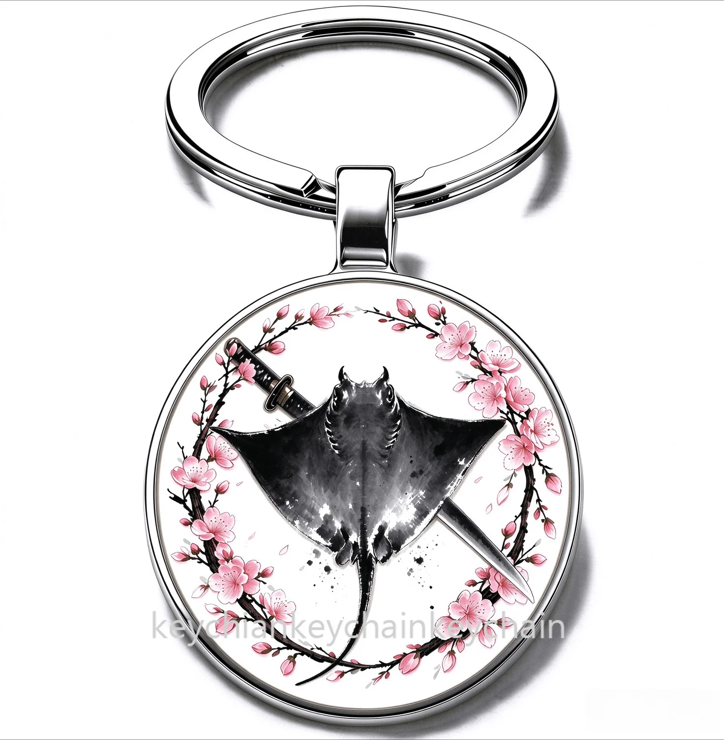 Japanese Animal ray Cherry Blossom Katana Keychain Samurai Sword Sakura Wreath Key Ring Car Bag Pendant Men Gift