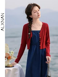 ALXNAN Knitted Cardigan Women 2024 Spring Autumn Long Sleeve V-neck Knitwear Female Cropped Red Casual Knit Jacket Tops L33672SY