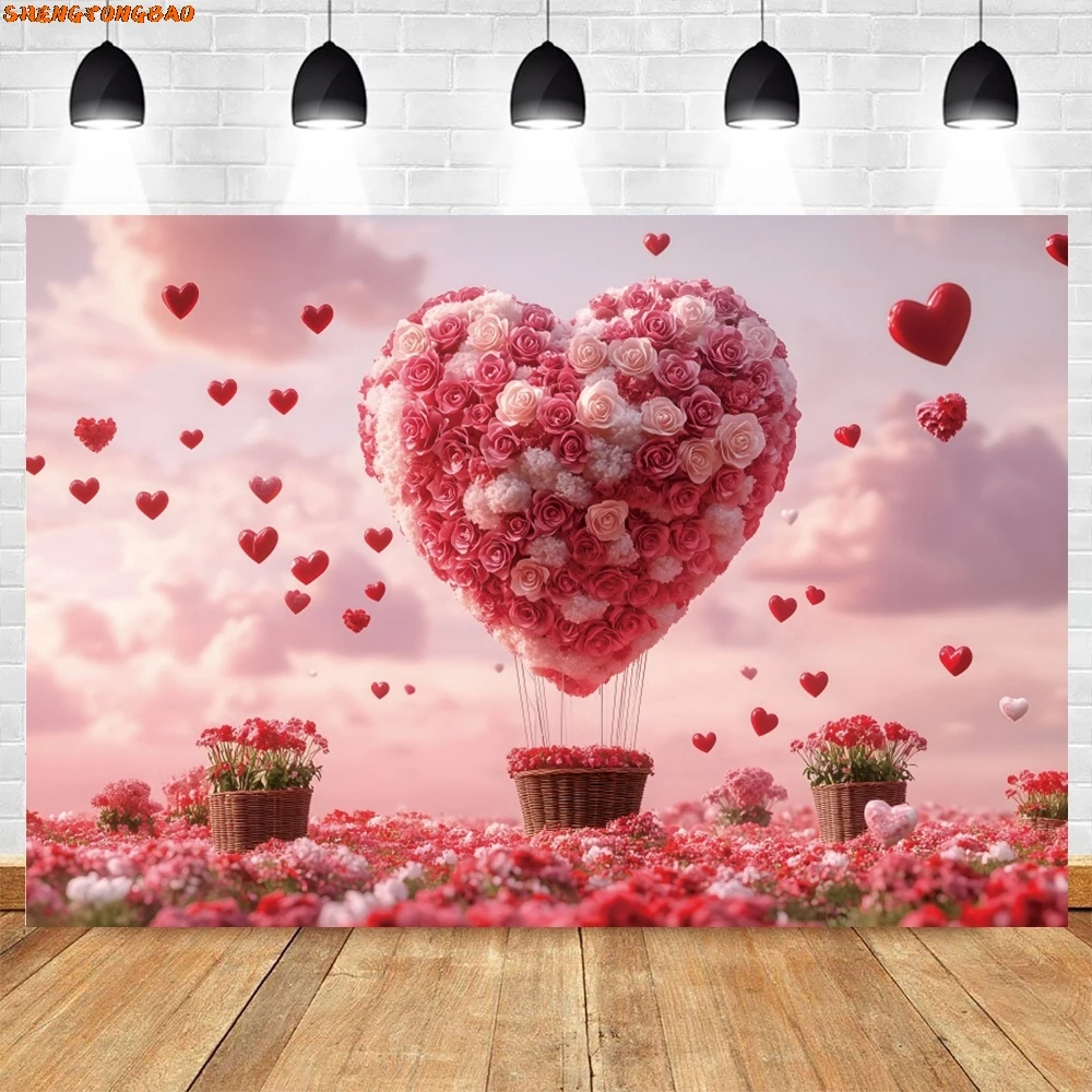 Valentijnsdag Thema Fotografie Achtergrond Romantische Bloemen Liefde Luchtballon AI Scène Bruiloft Decor Foto Achtergrond