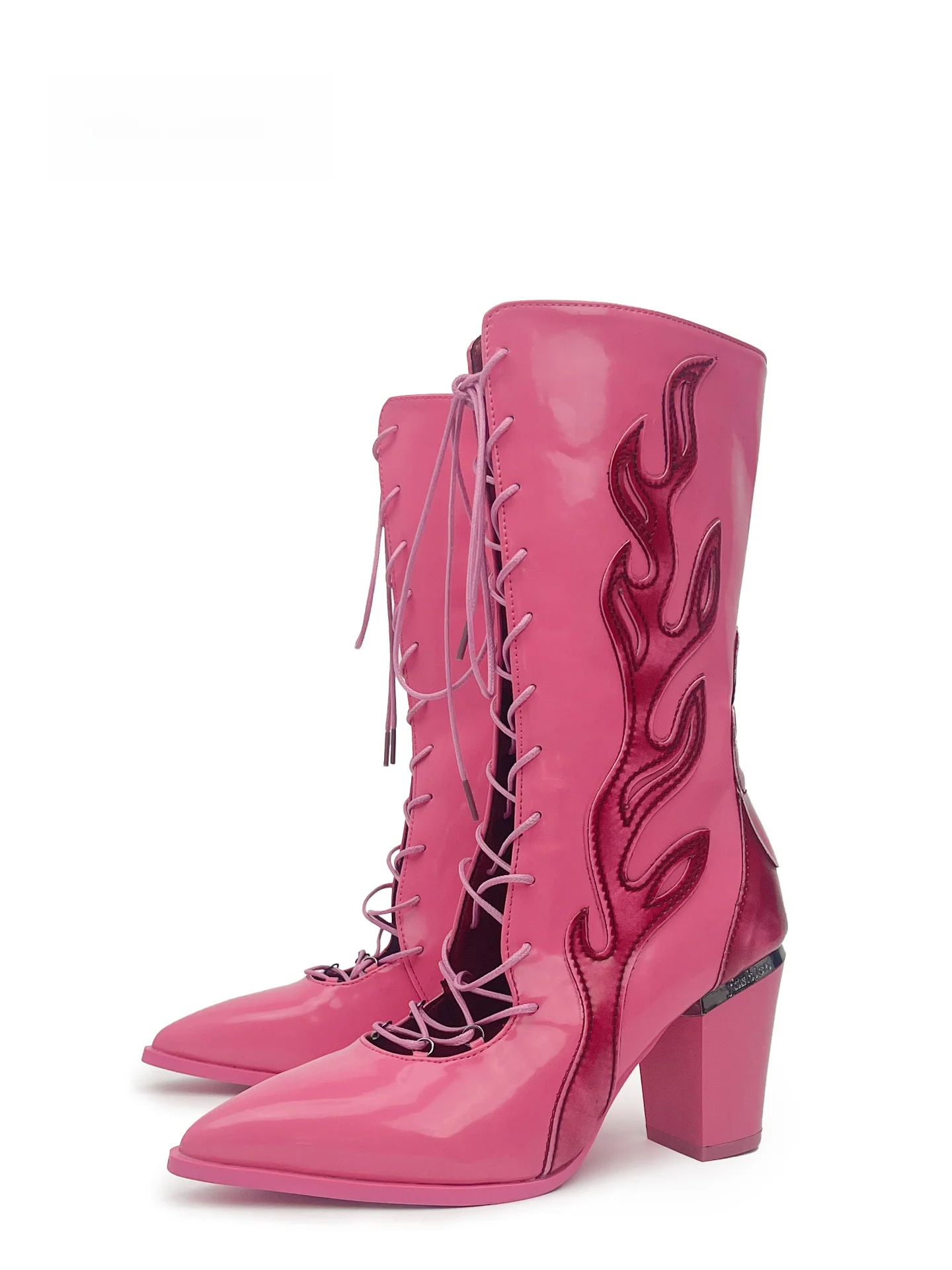 MibVias Y2K Subculture Spicy Girl High Heel Mid-Calf Boot Bright Leather Flame Pattern Women's Fashion Boots Pointed Toe Zipp...