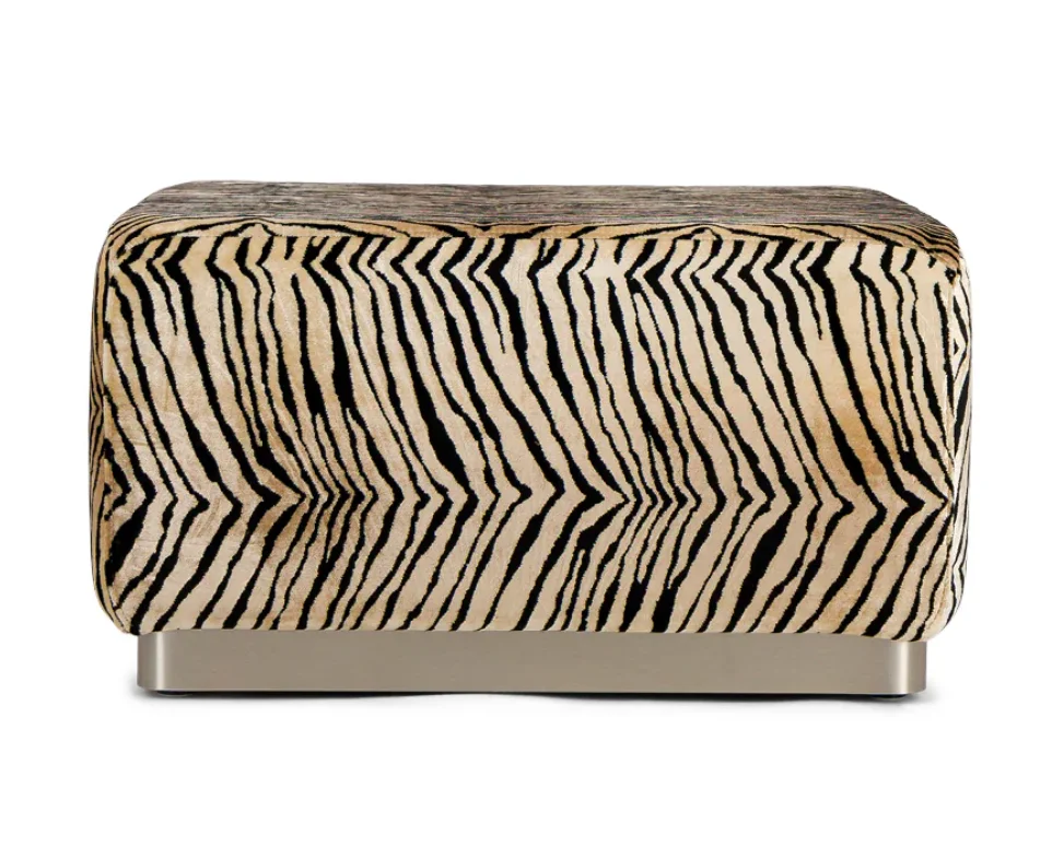 Modern zebra-patterned square footstool with brushed gold metal base, luxury faux fur footstool for living room vanity stool