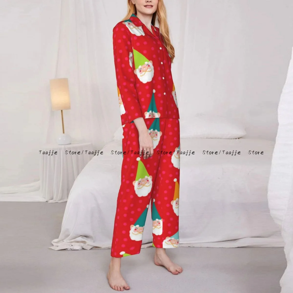 Women Sleepwear Pajamas Christmas Gnomes Faces Colorful Hats Long Sleeve Pijama Female Set Negligee Cardigan Suit